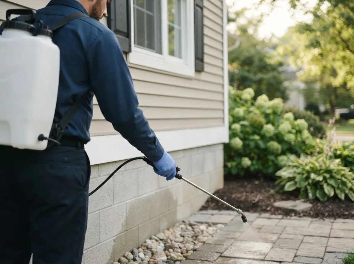 Pest control technician inspecting a home in Newport, ME